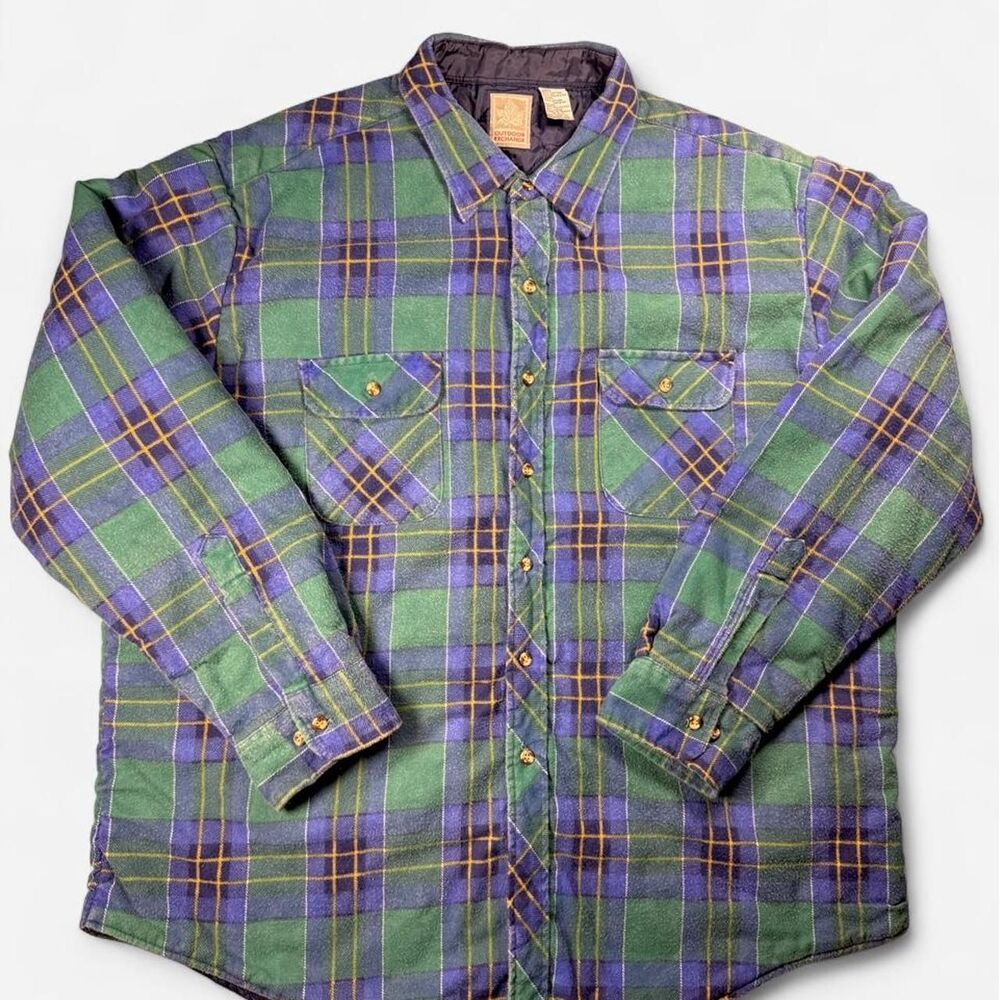 Vintage 90s Quilted Flannel Shirt green purple Size XXL outdoors hiking